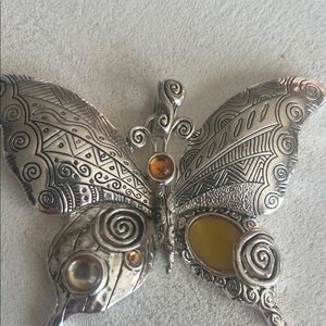 Silver and Amber Butterfly Brooch